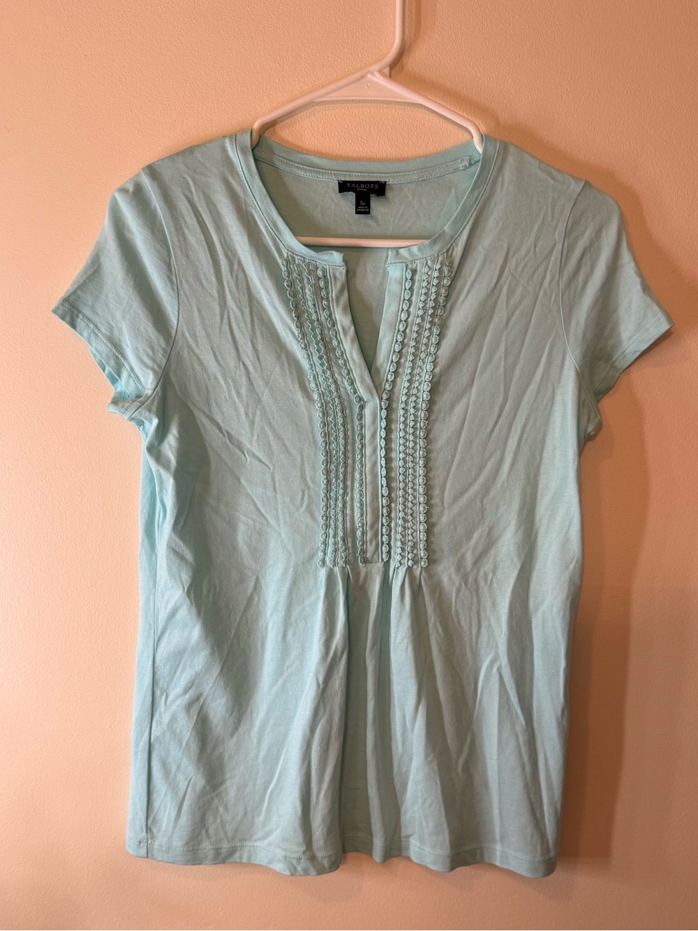 Talbots Light Aqua Split-Neck Pintuck Short Sleeve Tee